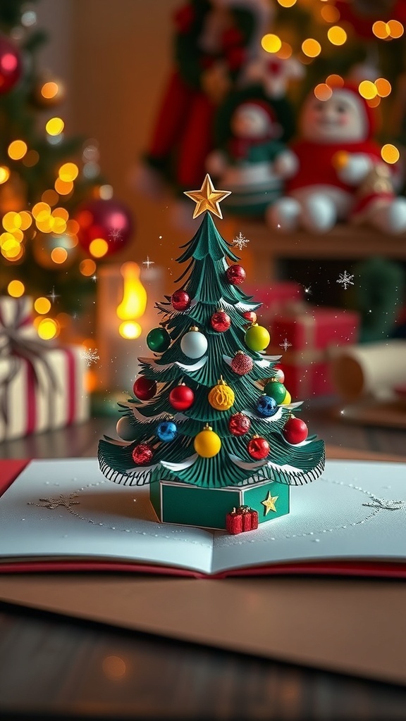 A 3D Christmas card with a pop-up tree and decorations, set in a festive holiday atmosphere.